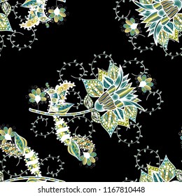 Vector illustration. Vector floral pattern in doodle style with flowers. Gentle, summer floral on black, white and green colors.