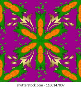 Vector illustration. Vector floral pattern in doodle style with flowers. Gentle, summer floral on purple, green and orange colors.