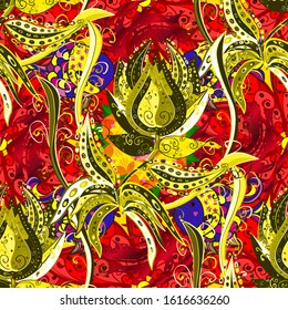 Vector illustration. Vector floral pattern in doodle style with flowers and leaves. Gentle, spring floral on yellow, red and gray colors.