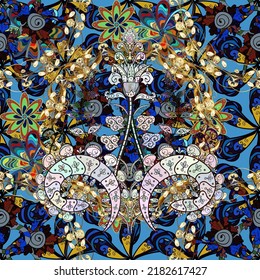 Vector illustration. Vector floral pattern in doodle style with flowers and leaves. Gentle, spring floral on blue and brown colors. Doodles.