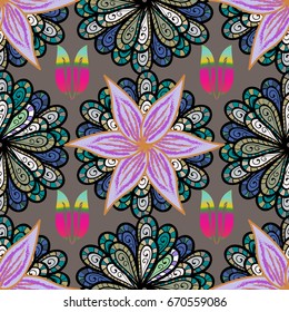 Vector illustration. Vector floral pattern in doodle style with flowers. Gentle, spring floral on colorful background.