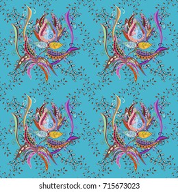 Vector illustration. Vector floral pattern in doodle style with flowers. Gentle, summer floral on pink, neutral, violet and blue background.