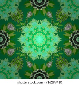 Vector illustration. Vector floral pattern in doodle style with flowers. Gentle, summer floral on green, blue and black colors.
