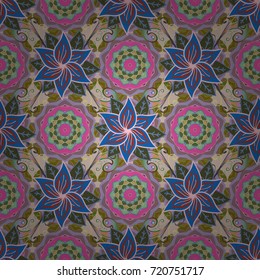Vector illustration. Vector floral pattern in doodle style with flowers. Gentle, spring floral on blue, pink and beige colors.