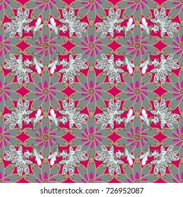 Vector illustration. Vector floral pattern in doodle style with flowers and leaves. Gentle, spring floral on neutral, beige and magenta colors.