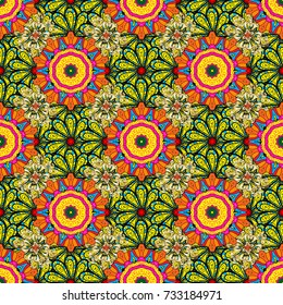 Vector illustration. Vector floral pattern in doodle style with flowers. Gentle, spring floral on yellow, black and orange colors.