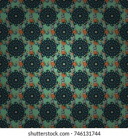 Vector illustration. Vector floral pattern in doodle style with flowers. Gentle, spring floral on green, black and blue colors.