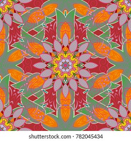 Vector illustration. Vector floral pattern in doodle style with flowers and leaves. Gentle, spring floral on gray, red and pink colors.