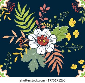 Vector illustration of a floral pattern. Flowers and grass on a dark background.