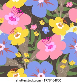 Vector illustration of a floral pattern. Flowers and grass on a dark background.