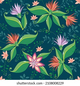 Vector illustration of a floral pattern. Flowers and grass on a dark background.
