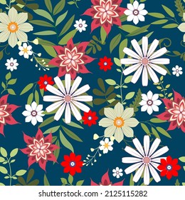 Vector illustration of a floral pattern. Flowers and grass on a blue background.