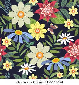 Vector illustration of a floral pattern. Flowers and grass on a dark background.