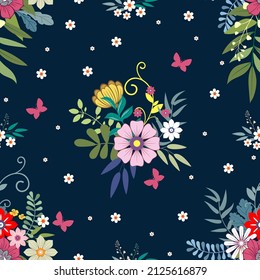 Vector illustration of a floral pattern. Flowers and grass on a blue background.