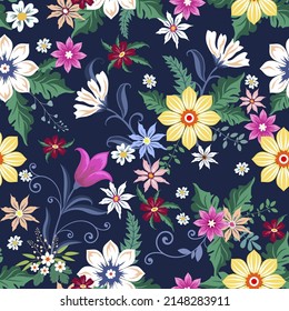 Vector illustration of a floral pattern. Flowers and grass on a blue background.