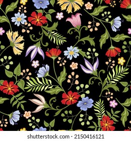 Vektorgrafik eines Blumenmusters. Blumen und Gras auf schwarzem Hintergrund.