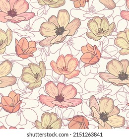 Vector illustration of a floral pattern. Flowers in pastel colors on a white background.