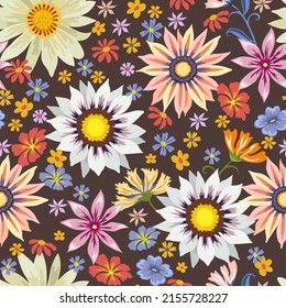 Ilustración vectorial de un patrón floral. Flores y hierba de fondo marrón.