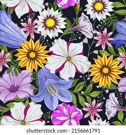Vector illustration of a floral pattern. Flowers and grass on a dark background.