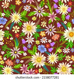 Ilustración vectorial de un patrón floral. Flores y hierba sobre un fondo rojo oscuro.