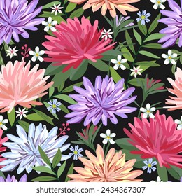 Vector illustration of a floral pattern. Flowers and grass on a dark background.