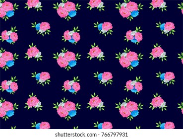 A vector illustration of floral pattern flowers pattern with pink roses and navy blue nackground