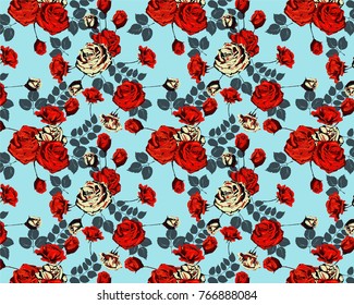 A vector illustration of a floral pattern flowers pattern with light blue background and red roses