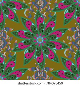 Vector illustration. Floral pattern. Flowers on green, brown and magenta colors. Flourish ornamental spring garden texture. Flower seamless on green, brown and magenta colors.