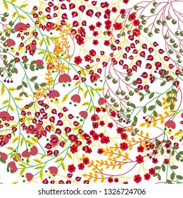 Vector illustration of floral pattern. Leaves, flowers, buds, berries, twigs, shoots.