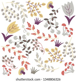 Vector illustration of floral pattern. Leaves, flowers, buds, berries, twigs, shoots.