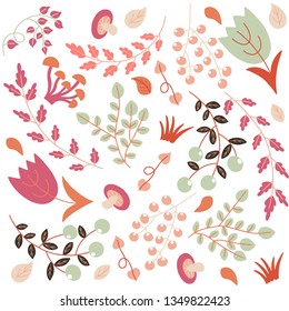 Vector illustration of floral pattern. Leaves, flowers, buds, berries, twigs, shoots.