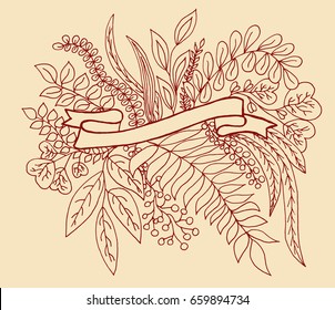 Vector illustration of floral pattern on creme background. Banner surrounded by leaves and twigs.