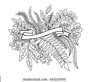 Vector illustration of floral pattern on white background. Banner surrounded by leaves and twigs.