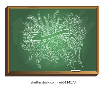 Vector illustration of floral pattern on chalkboard. Banner surrounded by leaves and twigs.