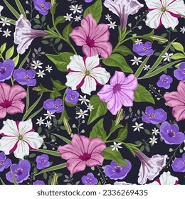 Vector illustration of a floral pattern. Various flowers and grass on a dark background.