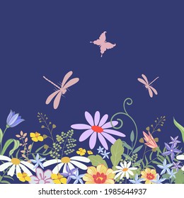 Vector illustration of a floral pattern. Wildflowers and dragonflies on a blue background.