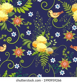 Ilustración vectorial de un patrón floral. Flores silvestres en un fondo azul.