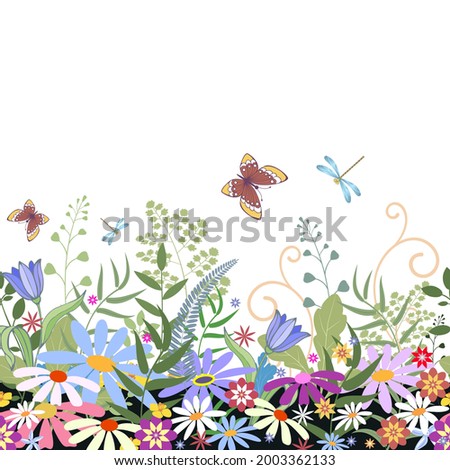 Vector illustration of a floral pattern. Wildflowers and grass. Flying butterflies and dragonflies on a white background.