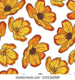 Vektorgrafik eines Blumenmusters. Gelbe Blumen auf weißem Hintergrund.