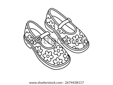 Vector illustration of floral patterned shoes with strap, black and white outline, drawn in isometric perspective, perfect for coloring pages, fashion design, and kids activity books.