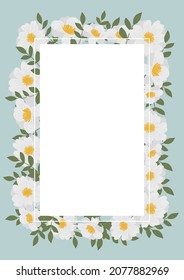 Ilustración vectorial de un rectángulo floral con flores blancas. Marco para texto, adecuado para postal, invitación a la boda, tarjeta de agradecimiento.
