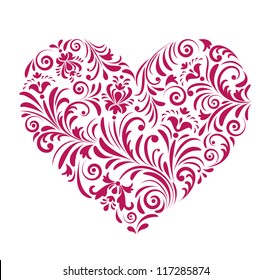 Vector illustration of floral red valentine heart  isolated on white background.