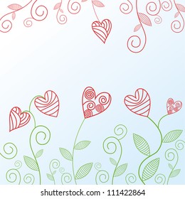 Vector illustration of floral romantic background hearts red and green