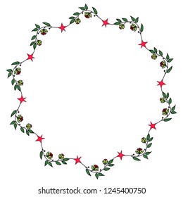 Vector illustration. Floral round frame on a white background. Flowers and leaves isolated in the form of doodles drawings.