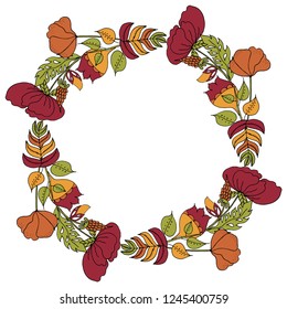 Vector illustration. Floral round frame on a white background. Flowers and leaves isolated in the form of doodles drawings.