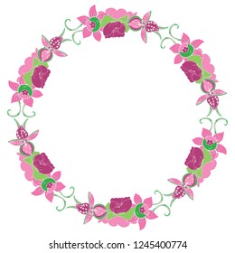 Vector illustration. Floral round frame on a white background. Flowers and leaves isolated in the form of doodles drawings.