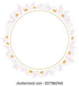 Ilustración vectorial de un marco redondo floral con flores rosadas contorno. Marco para texto, adecuado para postal, invitación a la boda, tarjeta de agradecimiento. Borde del vector
