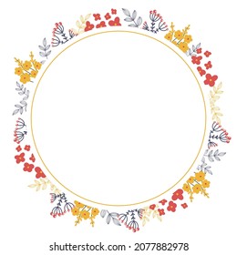 Vector illustration of a floral round frame with yellow flowers, berries. Frame for text, suitable for postcard, wedding invitation, thank you card. Vector border