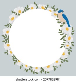 Vektorgrafik eines runden Blumenrahmens mit weißen Blumen und einem blauen Vogel. Rahmen für Text, geeignet für Postkarte, Hochzeit Einladung, danke Karte.
