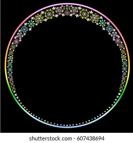 Vector illustration of a floral round frame. Isolated color picture on a black background. All colors of the rainbow and green leaves.